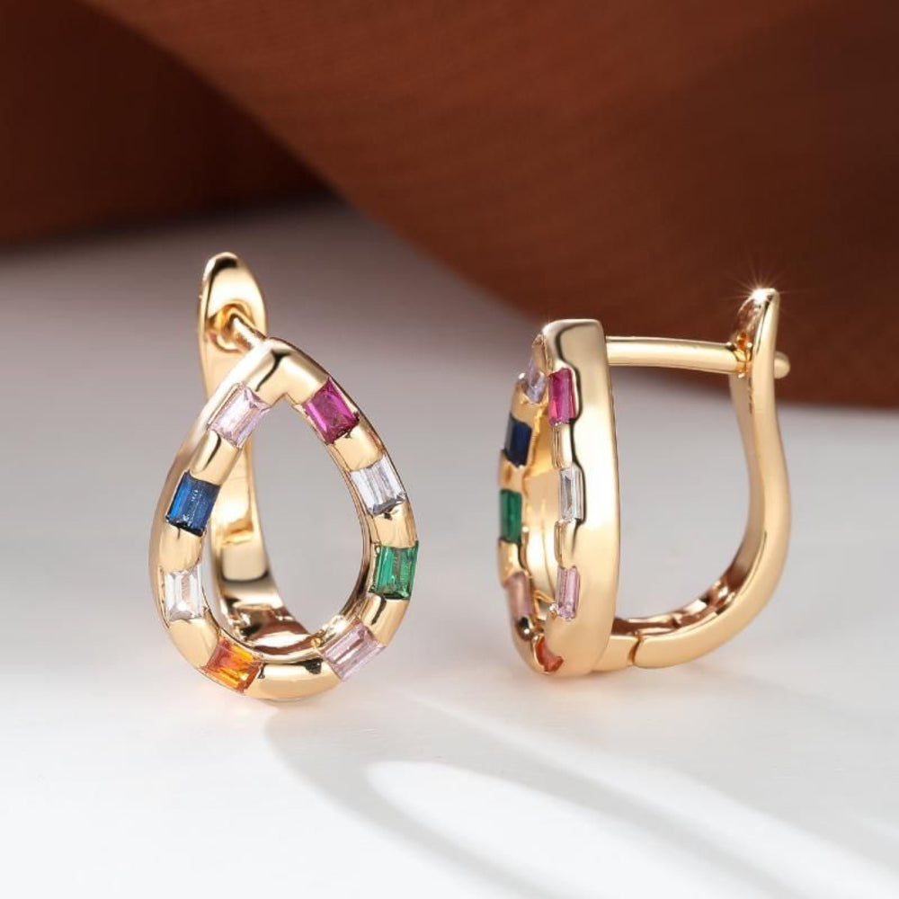 Champagne Gold-Tone Rainbow CZ Open Teardrop Huggie Earrings