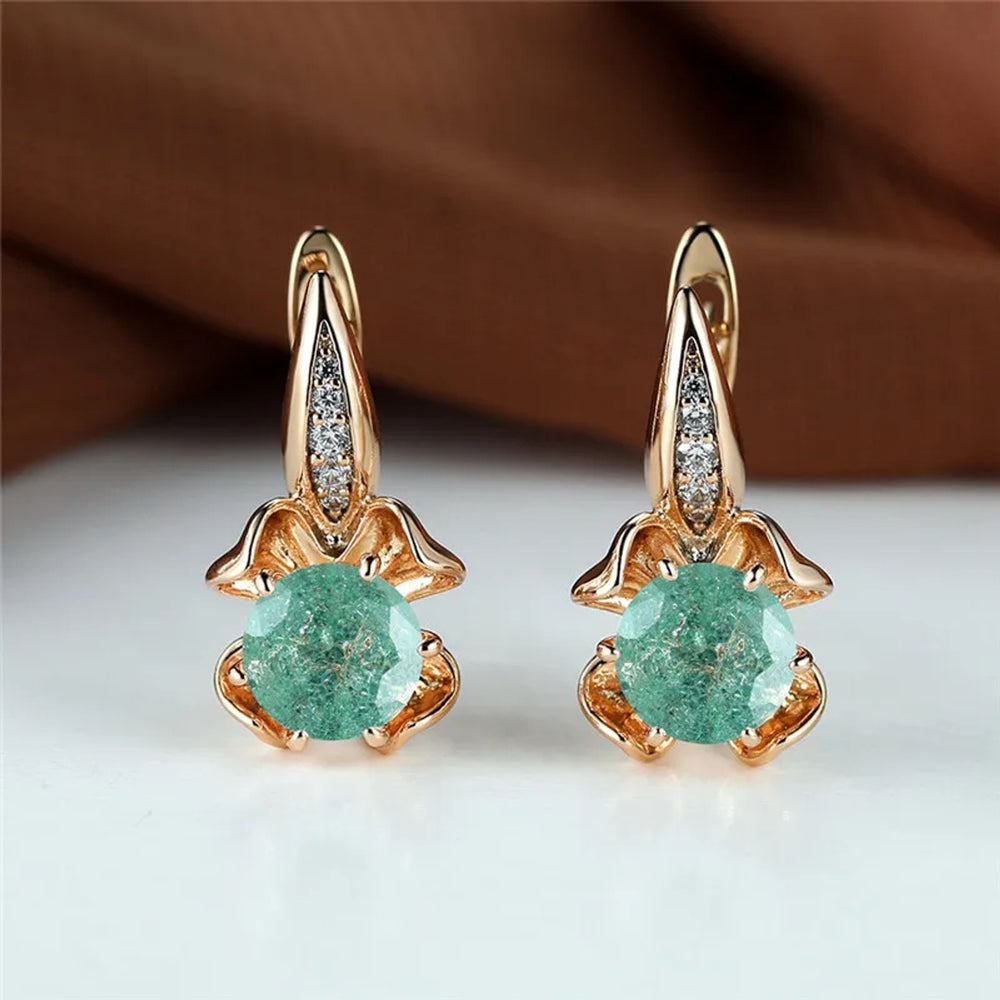Champagne Gold-Tone Green Round CZ Four-Leaf Clover Huggie Earrings