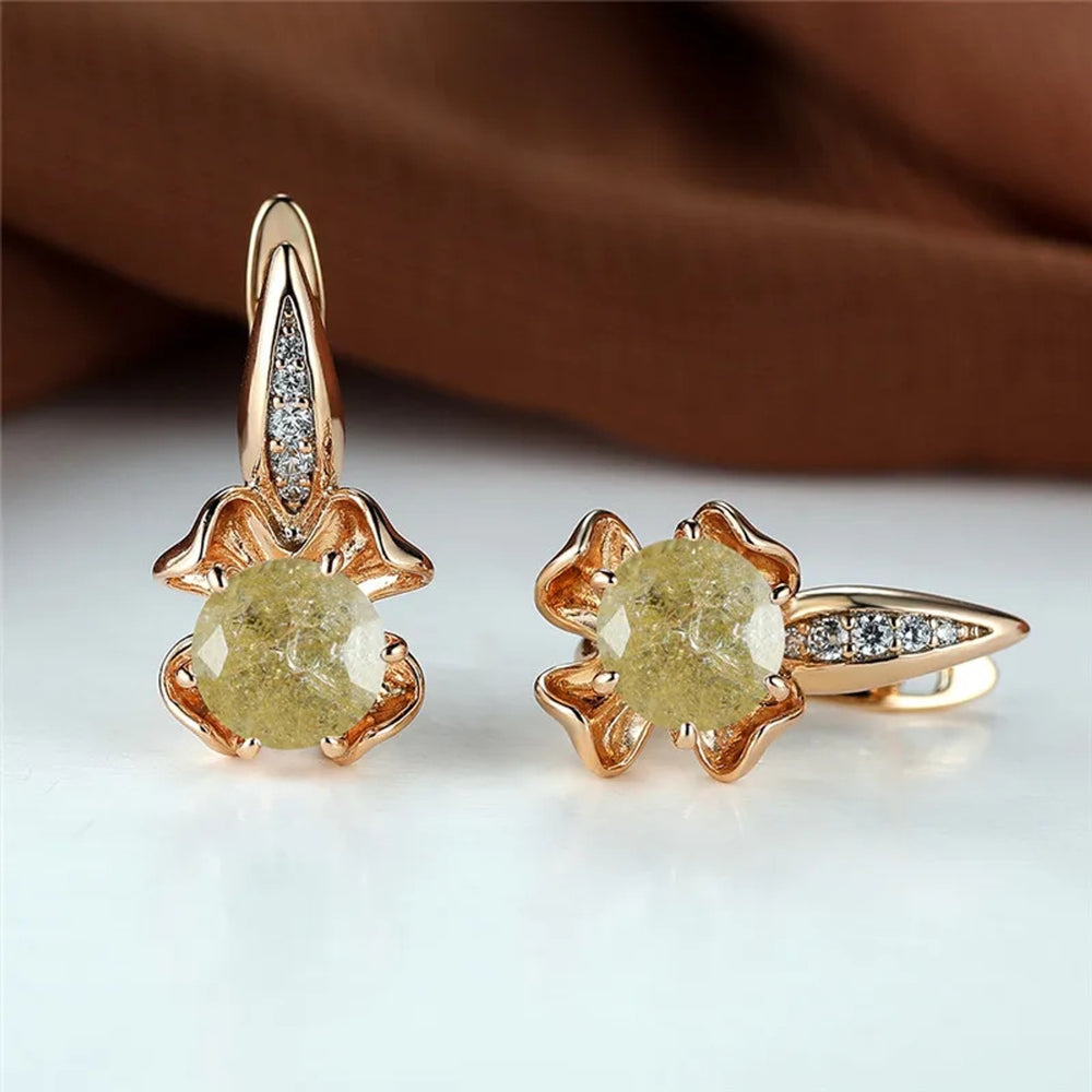Champagne Gold-Tone Round CZ Four-Leaf Clover Huggie Earrings