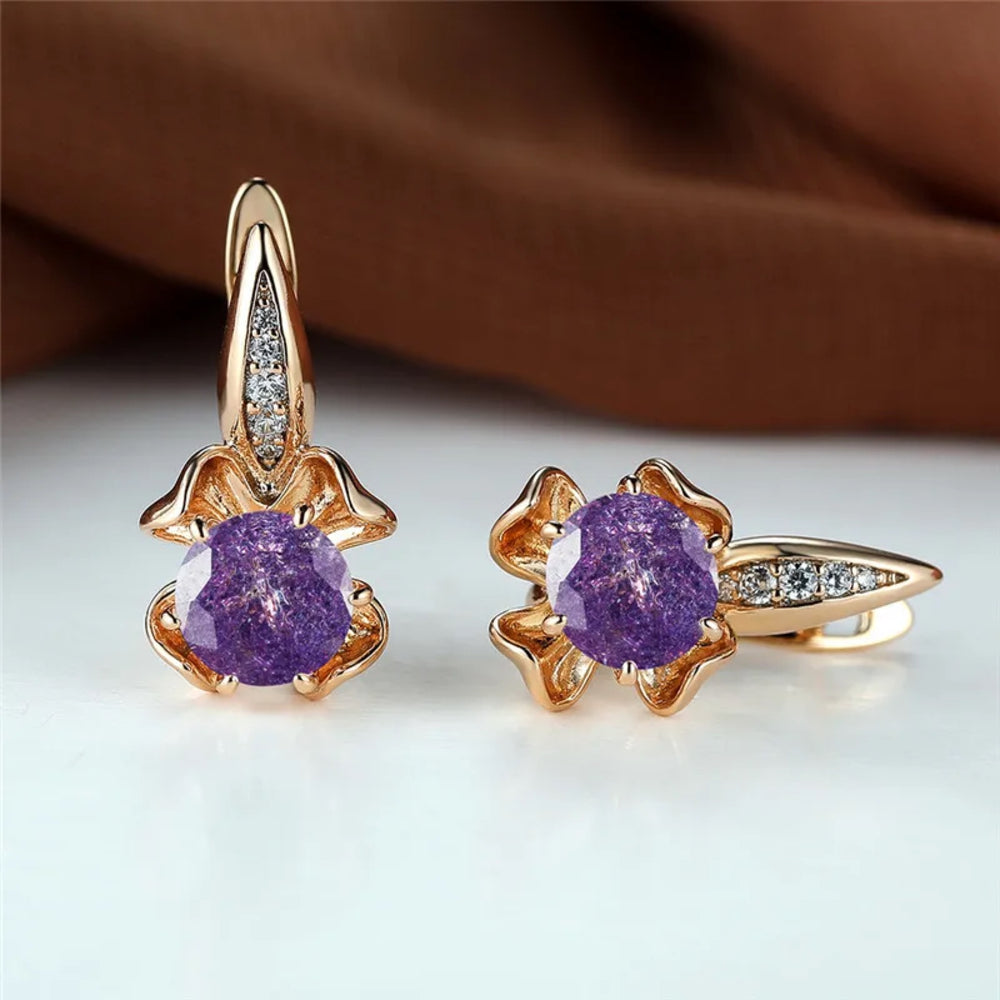 Champagne Gold-Tone Purple Crackle Crystal Clover Huggie Earrings