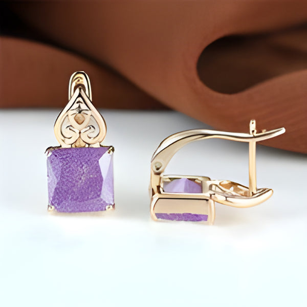Champagne Gold-Tone Openwork Heart Purple Square CZ Huggie Earrings