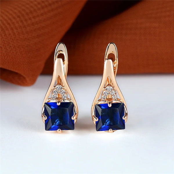 Champagne Gold-Tone Royal Blue Square Crystal Teardrop Huggie Earrings