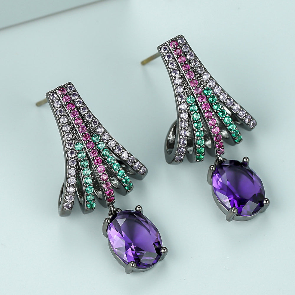 Black & Gold-Tone Multicolor Pave Fan Purple Oval Crystal Drop Earrings