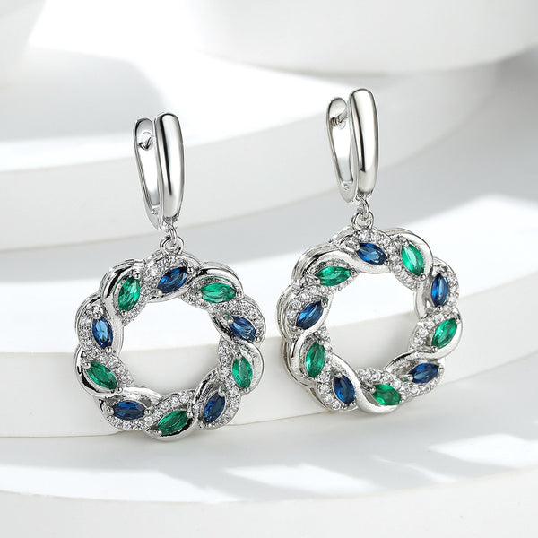 Silver-Tone Openwork Royal Blue Marquise Crystal Wreath Huggie Earrings