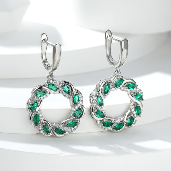 Silver-Tone Openwork Green Marquise Crystal Wreath Huggie Earrings
