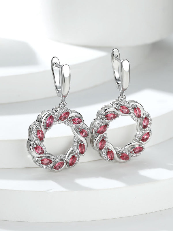 Silver-Tone Rose Red Marquise Crystal Openwork Wreath Drop Earrings