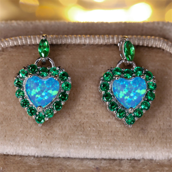Silver-Tone Blue Simulated Opal Heart Drop Earrings With Green Crystal Halo