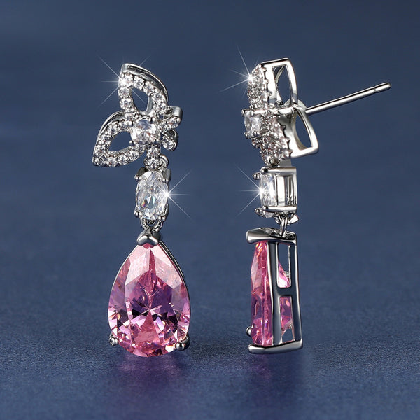 Silver-Tone Openwork Butterfly Pink Pear Crystal Drop Earrings