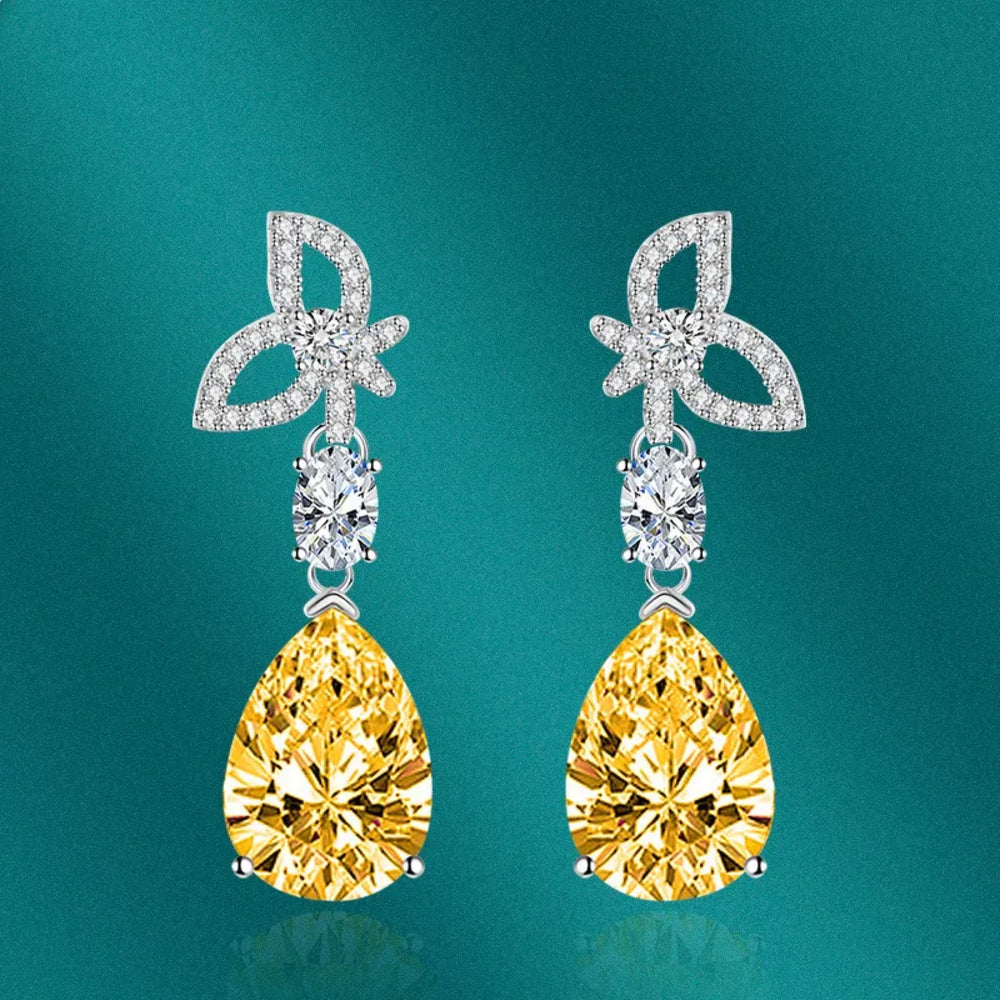 Silver-Tone Openwork Butterfly Yellow Pear Crystal Drop Earrings