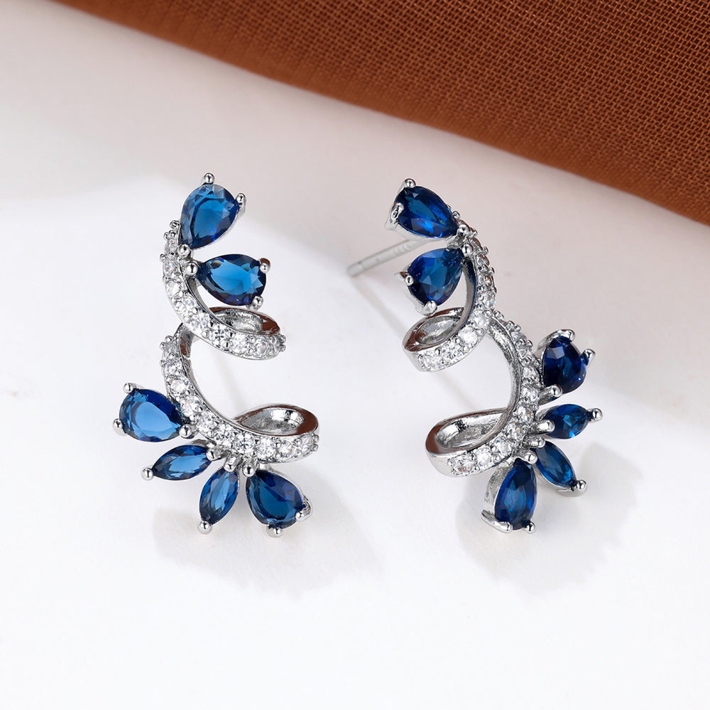 Silver-Tone Sapphire-Blue Crystal Flower Vine Stud Earrings