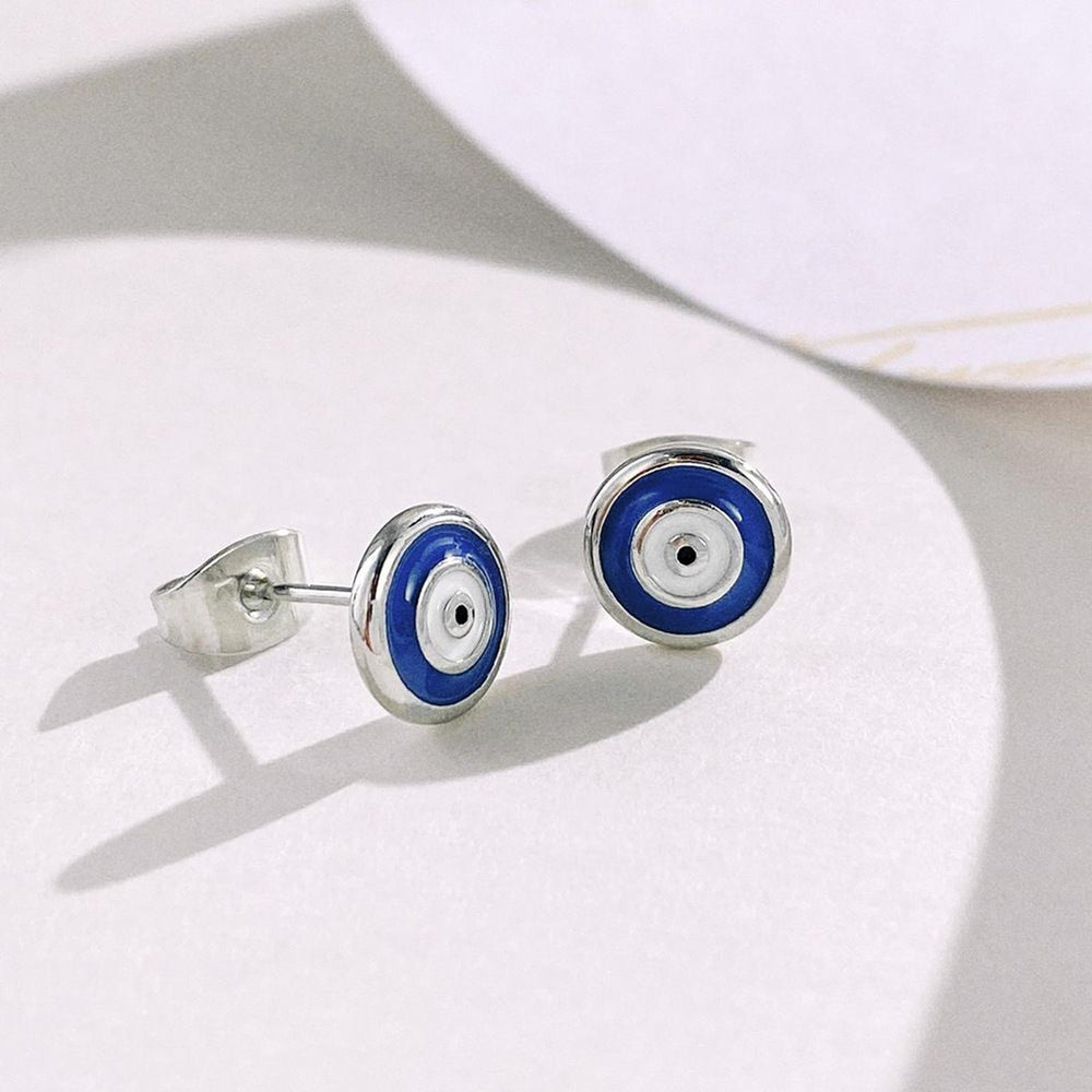 Silver-Tone Playful Royal Blue Enamel Evil Eye Stud Earrings