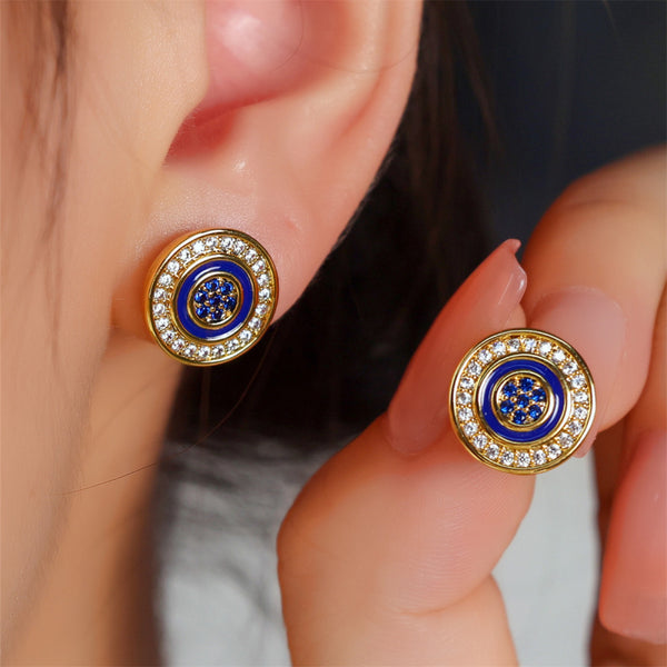 Gold-Tone Royal Blue Enamel and Crystal Pave Round Stud Earrings