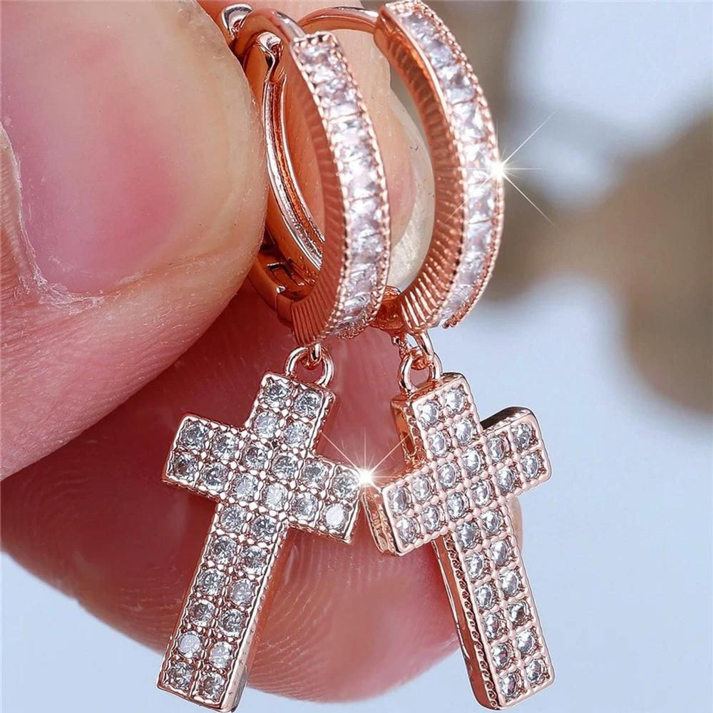 Rose Gold-Tone White Crystal Double-Row Huggie Earrings