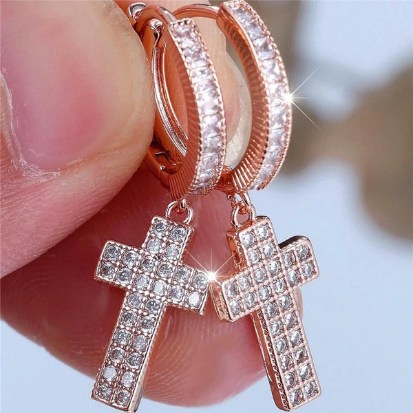 Rose Gold-Tone White Crystal Double-Row Huggie Earrings