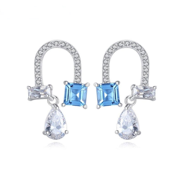 Silver-Tone Pave Arch Blue Square Crystal Teardrop Drop Earrings