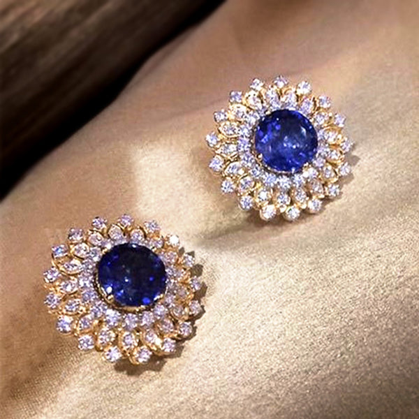Gold-Tone Sapphire-Blue Crystal Sunburst Halo Stud Earrings