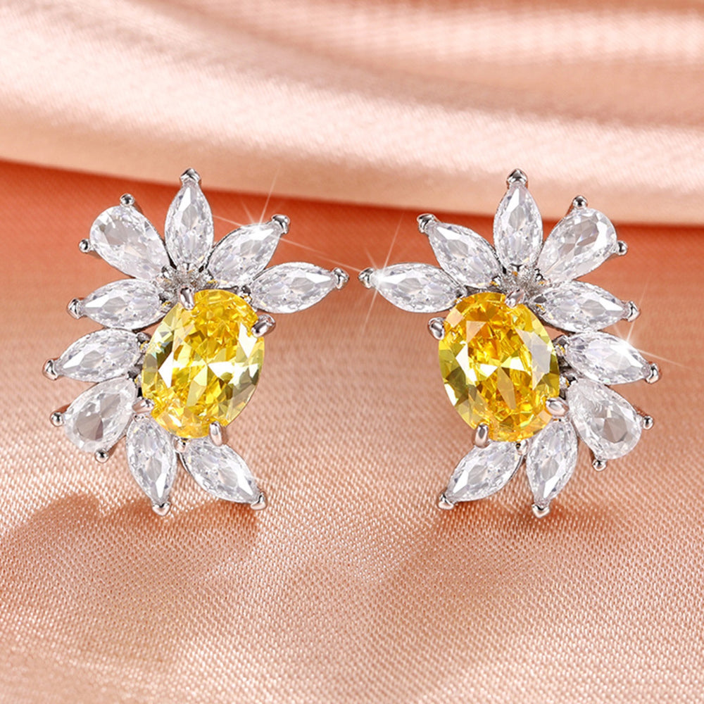 Silver-Tone Yellow Oval Crystal Flower Halo Stud Earrings