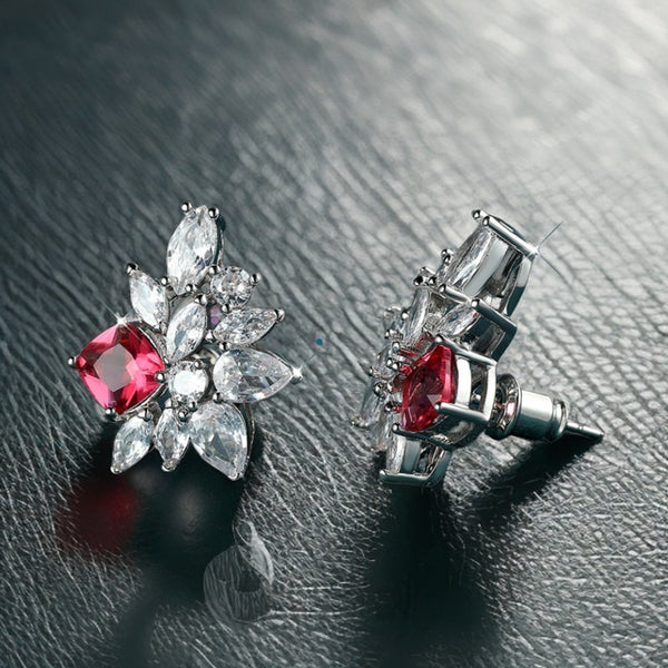 Silver-Tone Refined White Marquise Crystal Floral Stud Earrings
