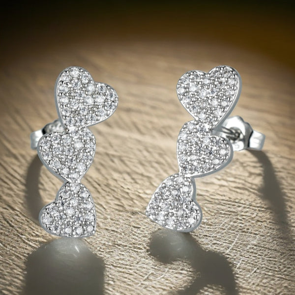 Silver-Tone White Crystal Pave Triple Heart Stud Earrings