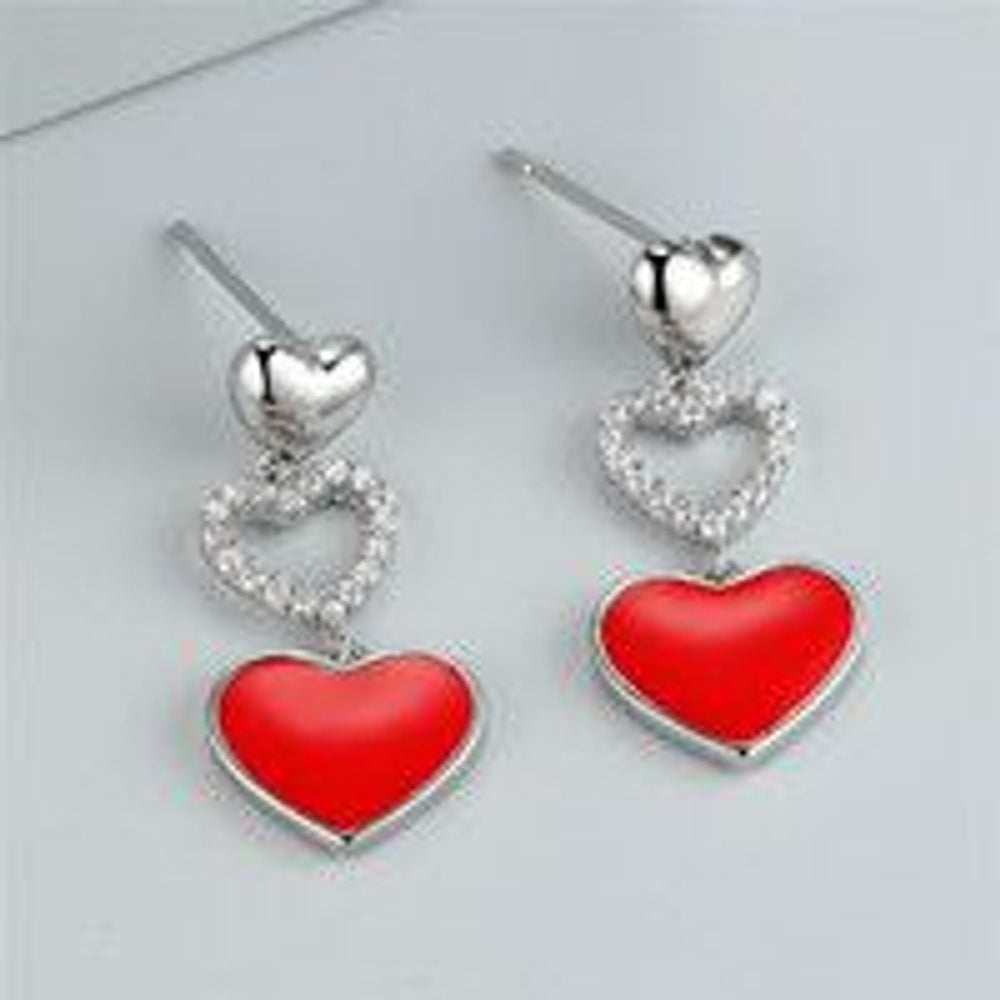 Silver-Tone Red Enamel Heart Drop Earrings