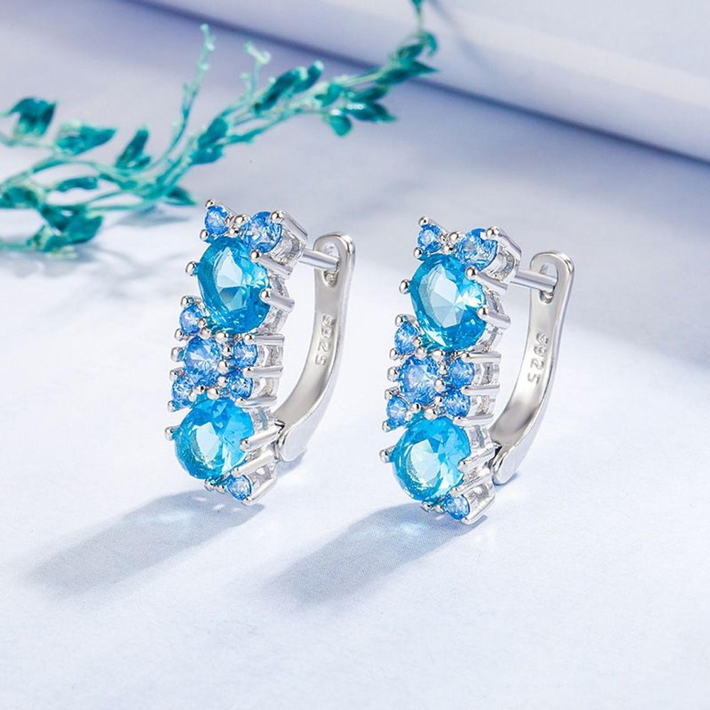 Silver-Tone Crystal-Set Aqua Oval CZ Drop Earrings