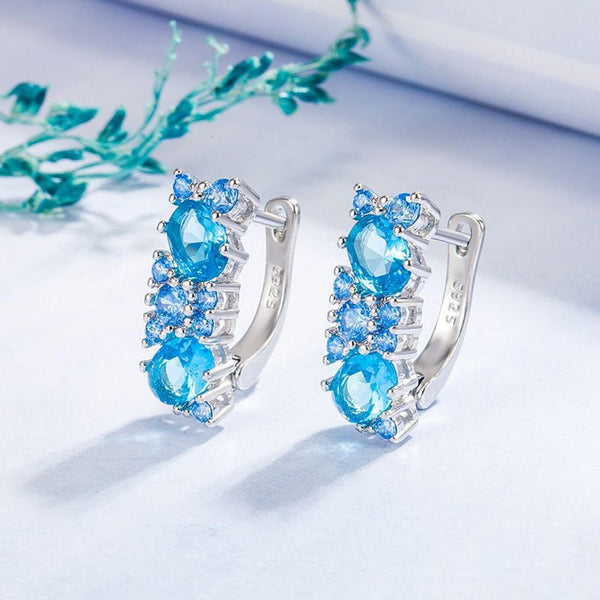 Silver-Tone Crystal-Set Aqua Oval CZ Drop Earrings