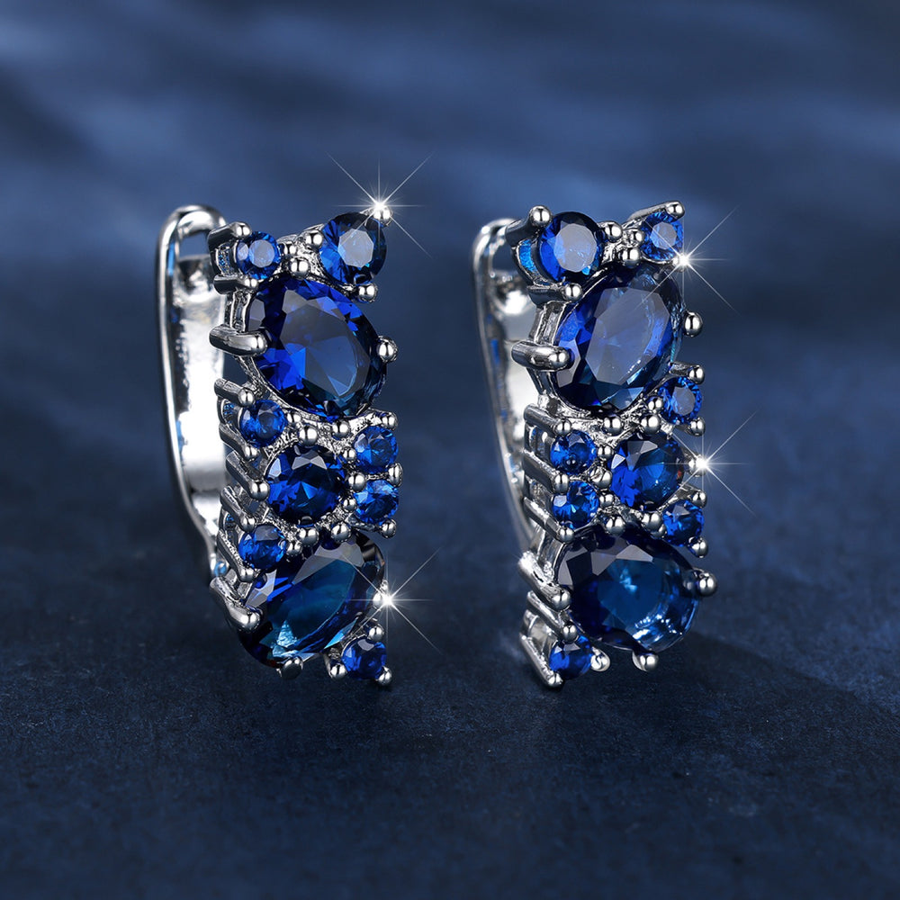 Silver-Tone Blue Cubic Zirconia Oval Cluster Huggie Earrings