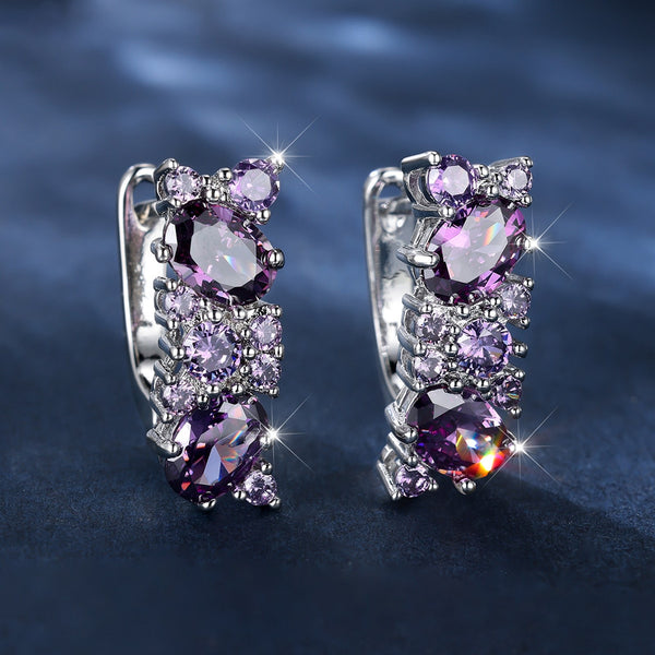 Silver-Tone Crystal-Set Purple Oval CZ Drop Earrings