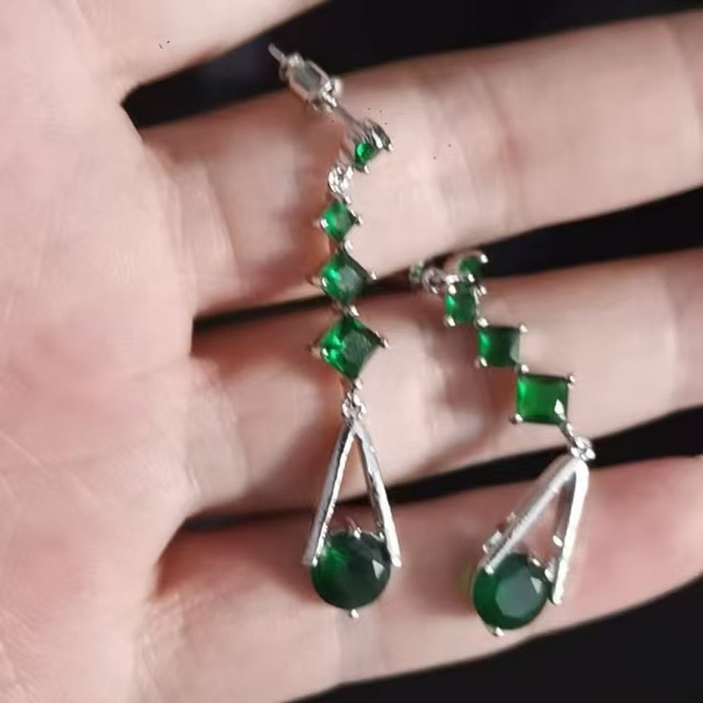 Silver-Tone Four-Stone Emerald Green Round Crystal Stud Earrings