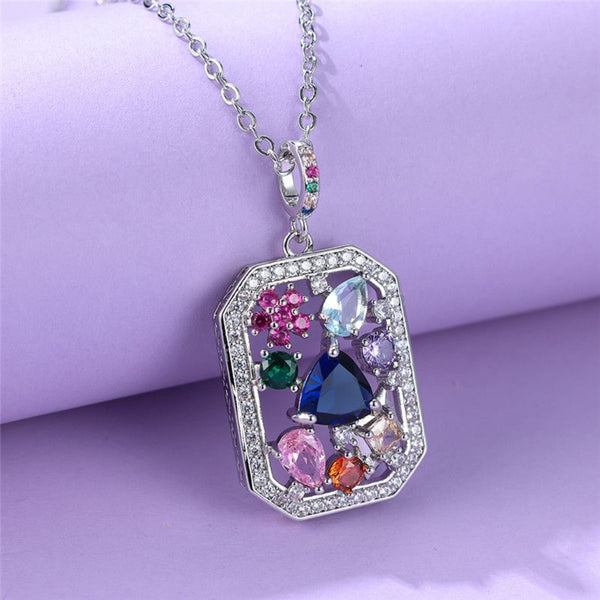 Silver-Tone Multicolor Crystal Secret Garden Octagon Pendant Necklace