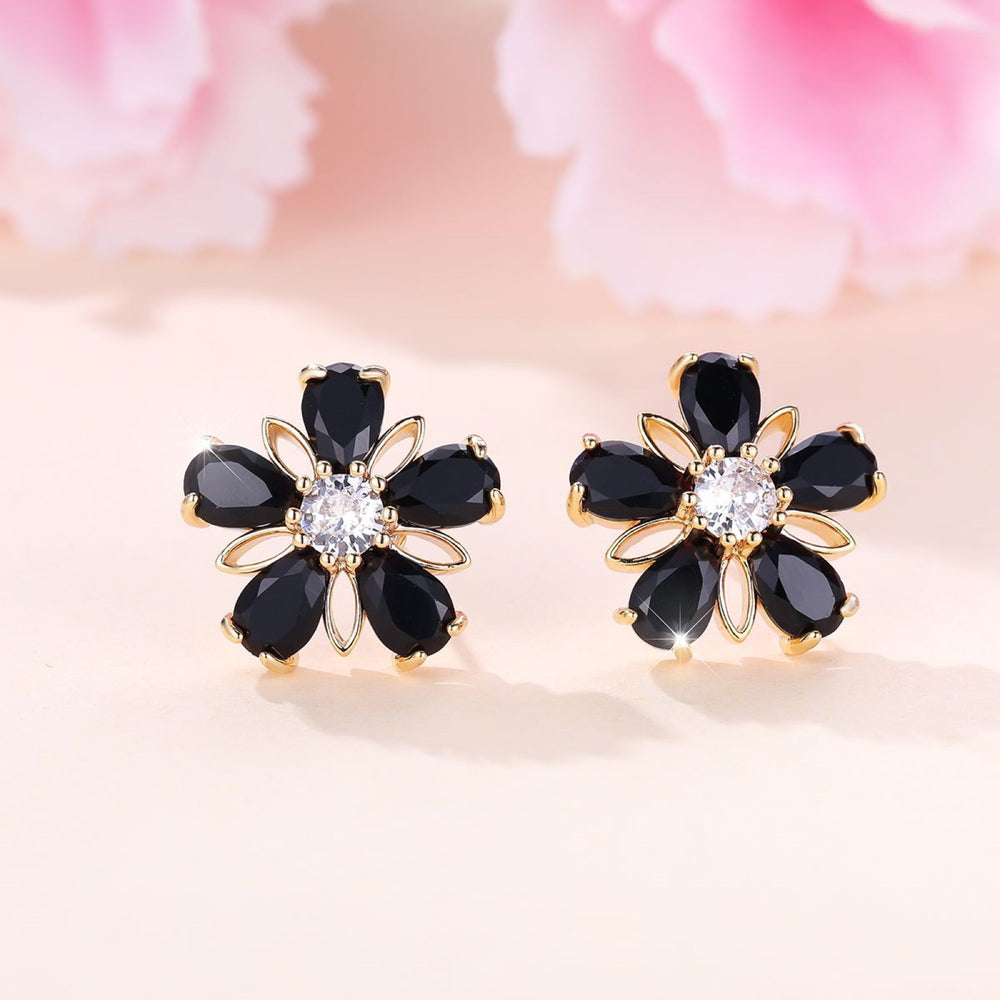 Gold-Tone Black Crystal Five-Petal Flower Stud Earrings