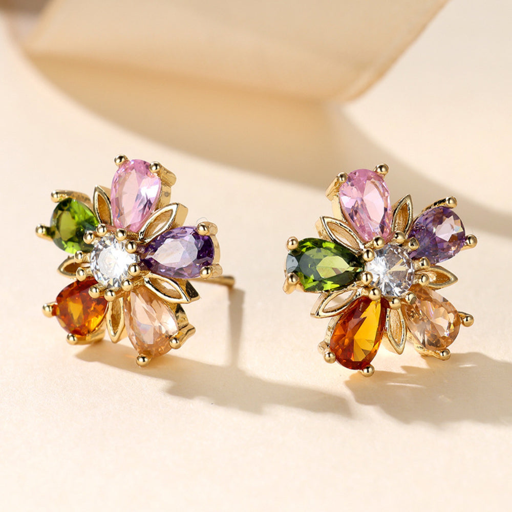 Gold-Tone Multicolor Pear Crystal Five-Petal Flower Stud Earrings