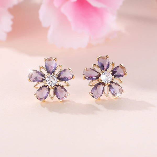 Gold-Tone Purple Crystal Five-Petal Flower Stud Earrings