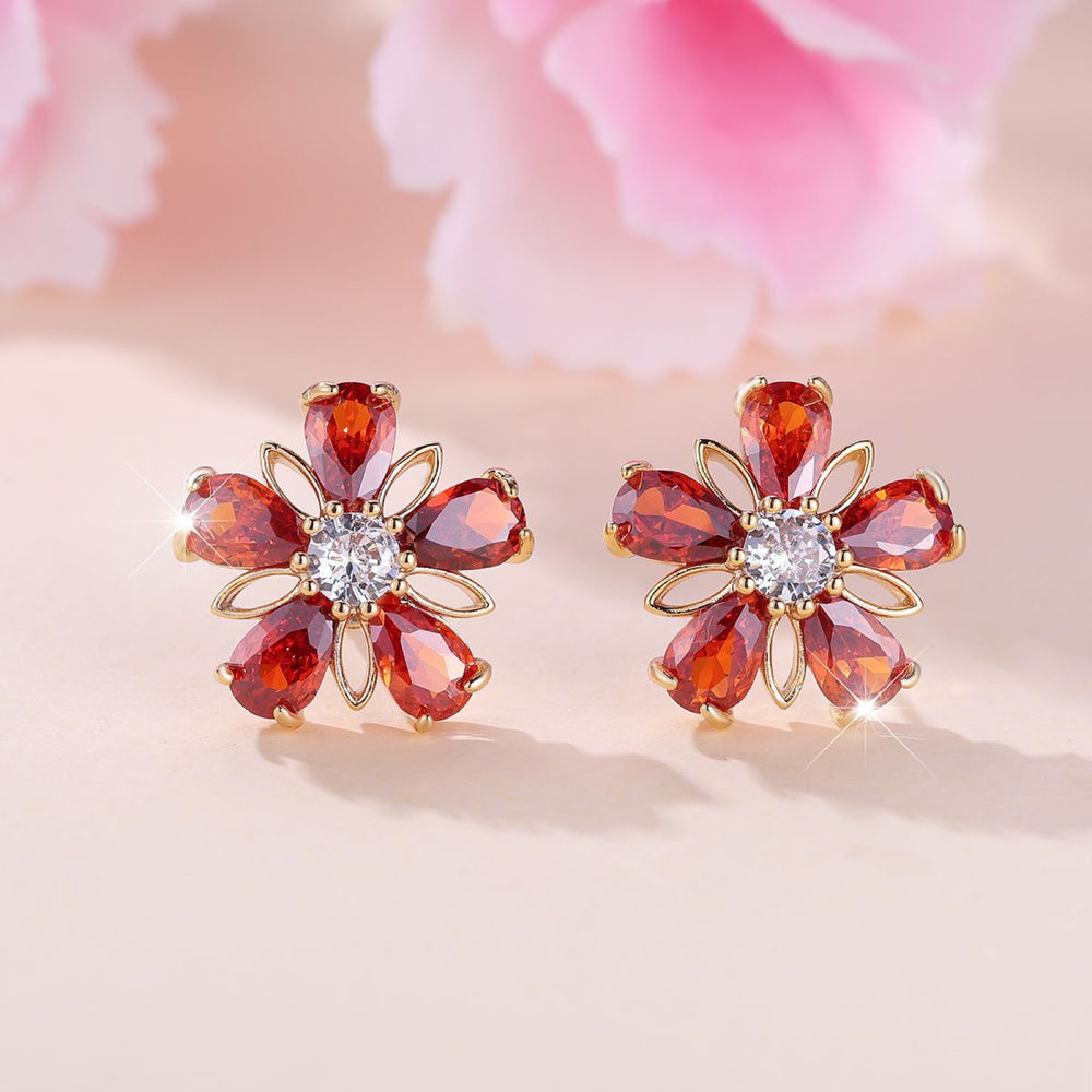 Gold-Tone Garnet-Red Crystal Five-Petal Flower Stud Earrings
