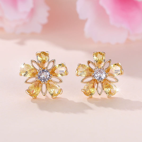 Gold-Tone Golden Yellow Crystal Five-Petal Flower Stud Earrings