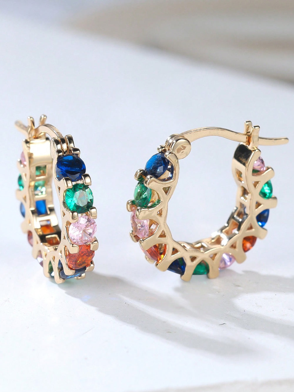 Gold-Tone Multicolor Round CZ Openwork Hoop Earrings