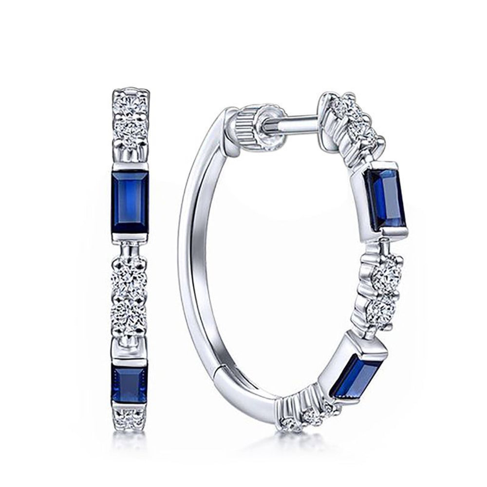 Silver-Tone Blue Baguette Cubic Zirconia Station Hoop Earrings