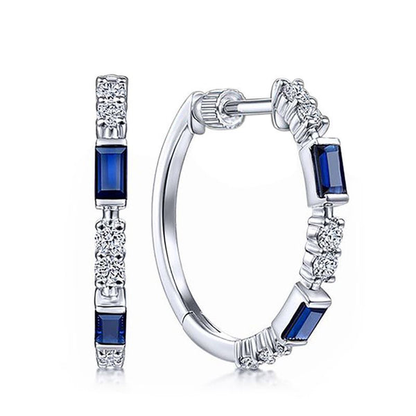 Silver-Tone Blue Baguette Cubic Zirconia Station Hoop Earrings