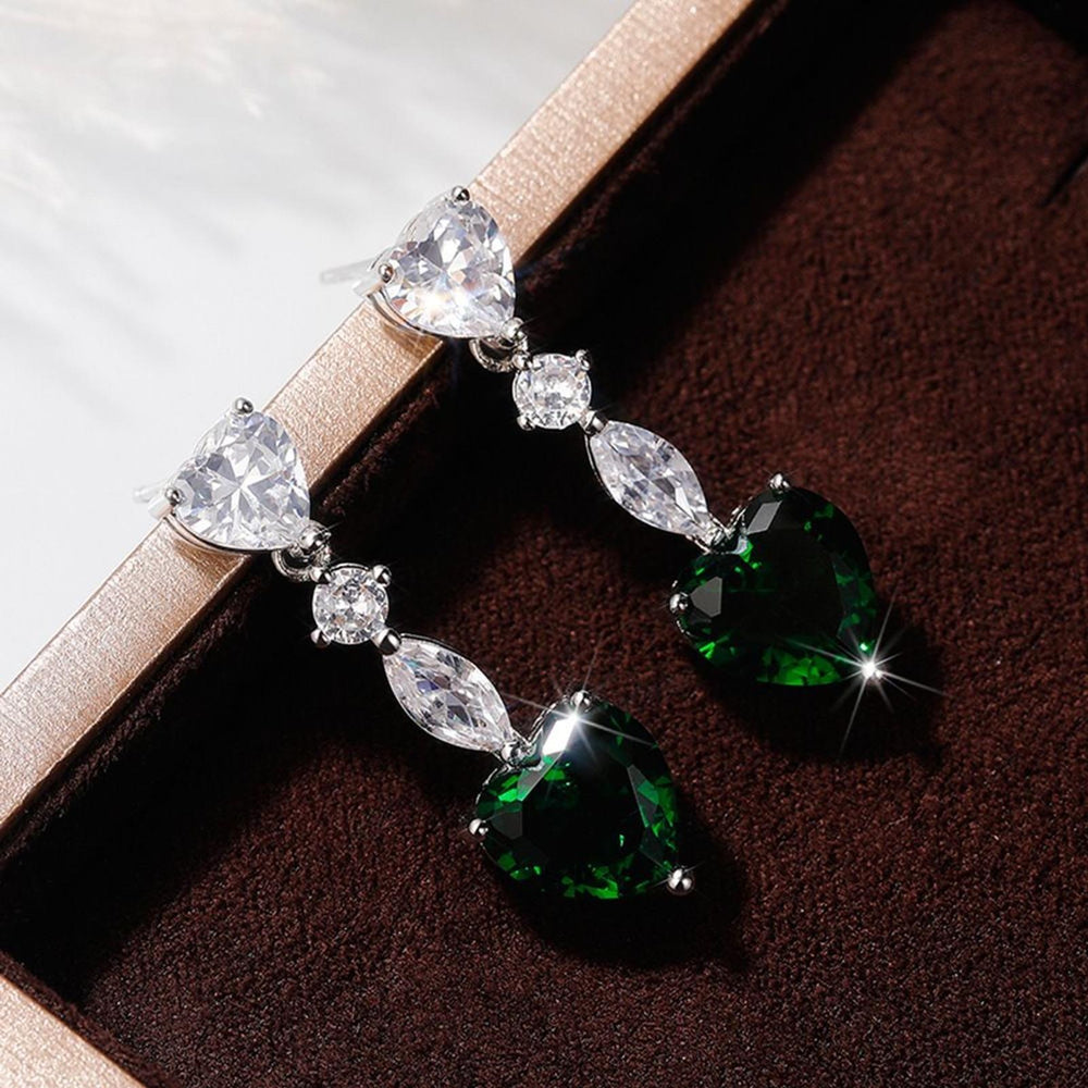 Silver-Tone Green CZ Heart Drop Earrings