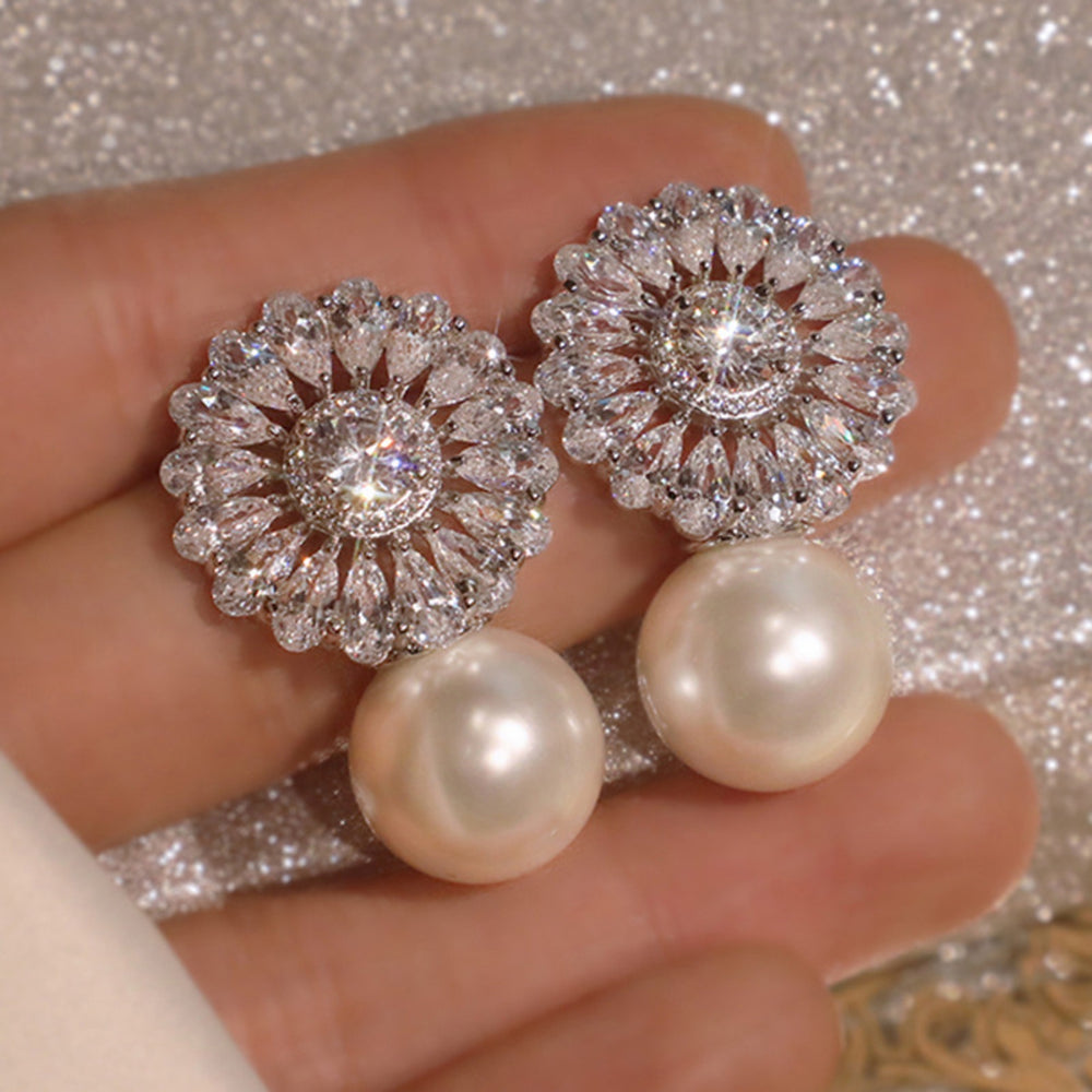 Silver-Tone Cubic Zirconia Flower Simulated Pearl Drop Earrings