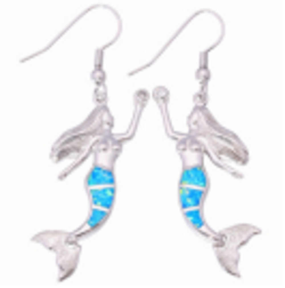 Silver-Tone Blue Simulated Opal Mermaid Drop Earrings