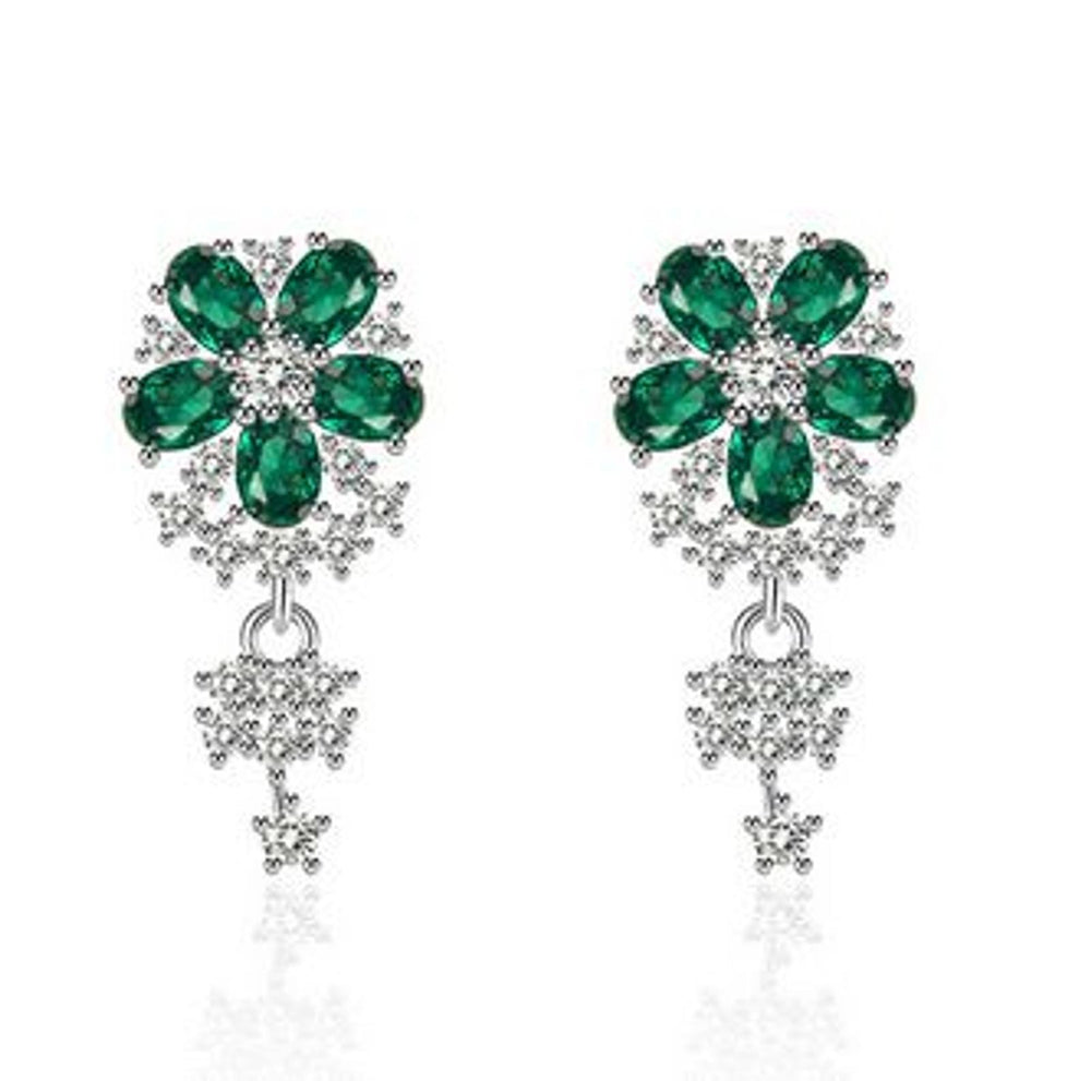 Silver-Tone Emerald Green Crystal Flower Drop Earrings