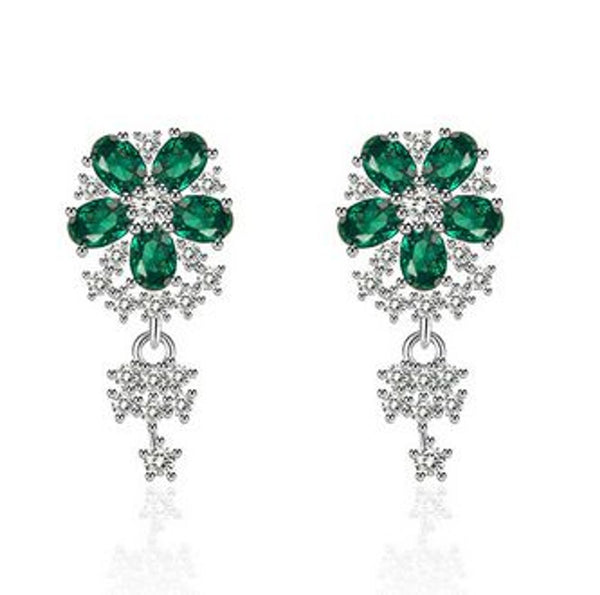 Silver-Tone Emerald Green Crystal Flower Drop Earrings