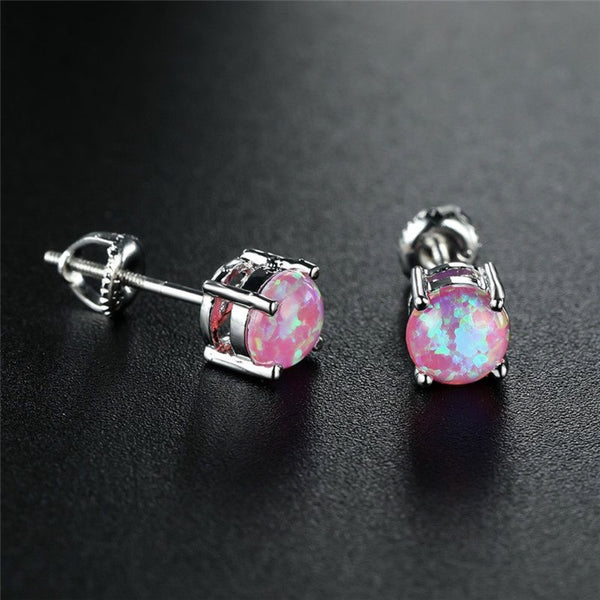 Silver-Tone Round Pink Simulated Opal Stud Earrings With Screw Backs