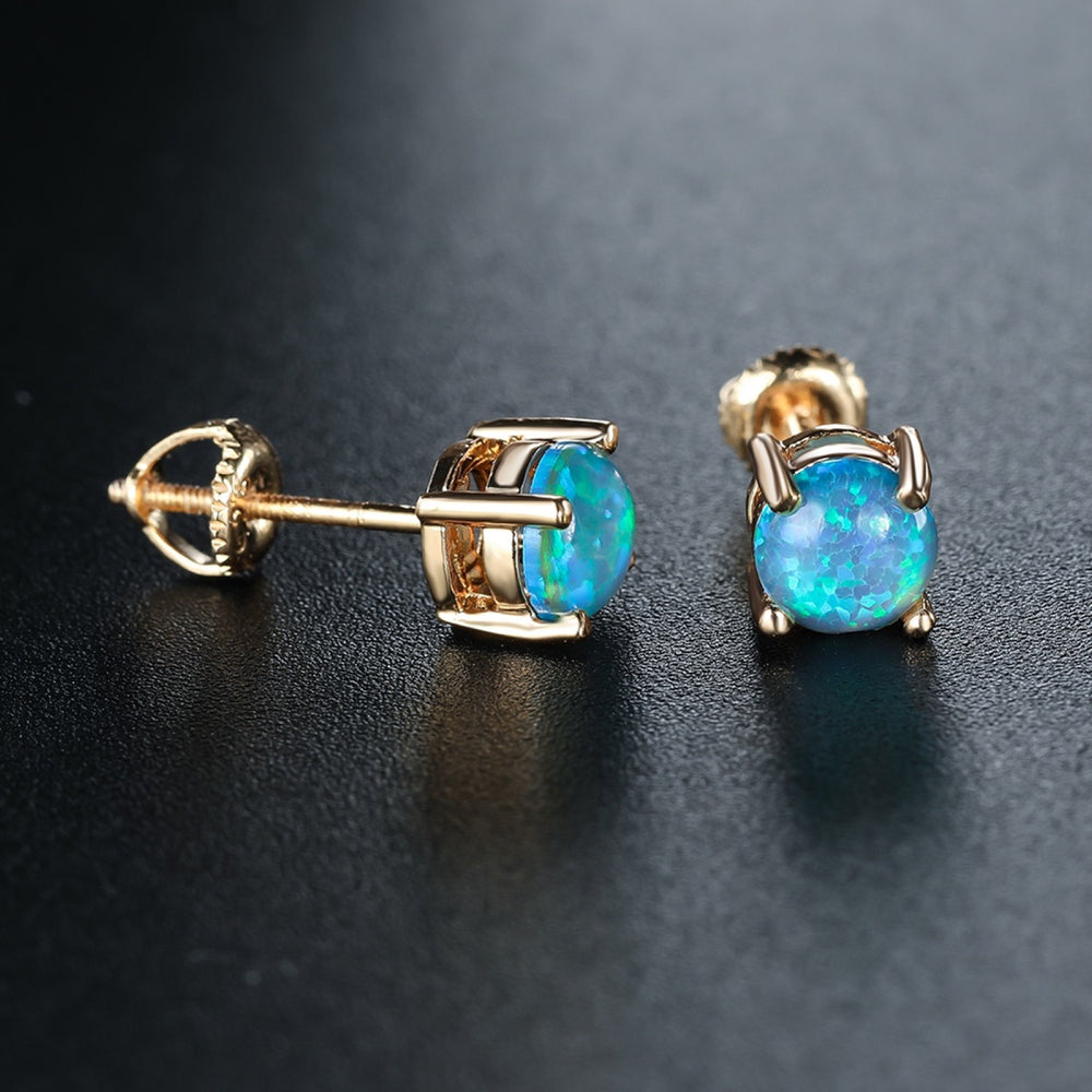 Gold-Tone Round Blue Simulated Opal Screw-Back Stud Earrings