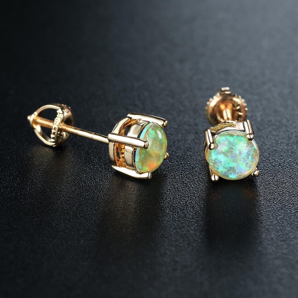 Silver-Tone Green Round Simulated Opal Ribbed Stud Earrings