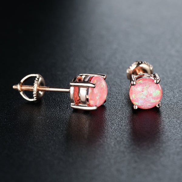 Rose Gold-Tone Round Pink Simulated Opal Screw-Back Stud Earrings