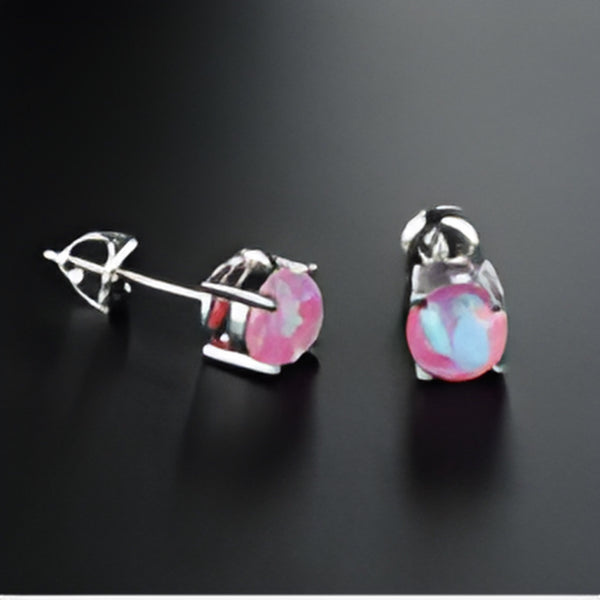 Silver-Tone Round Purple-Pink Simulated Opal Prong-Set Stud Earrings