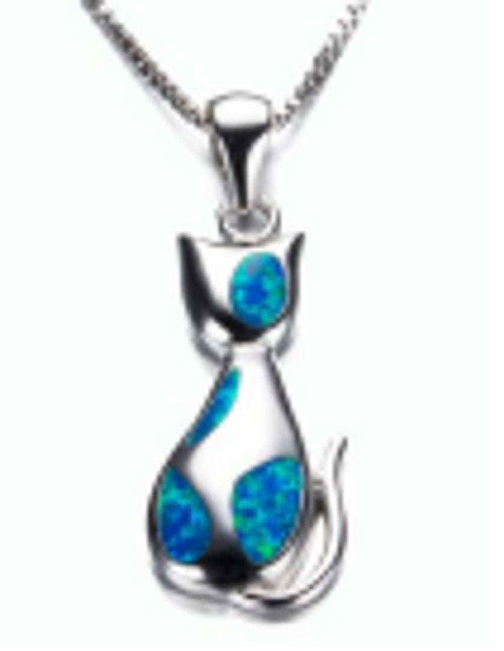 Sterling Silver Blue Simulated Opal Cat Pendant Necklace