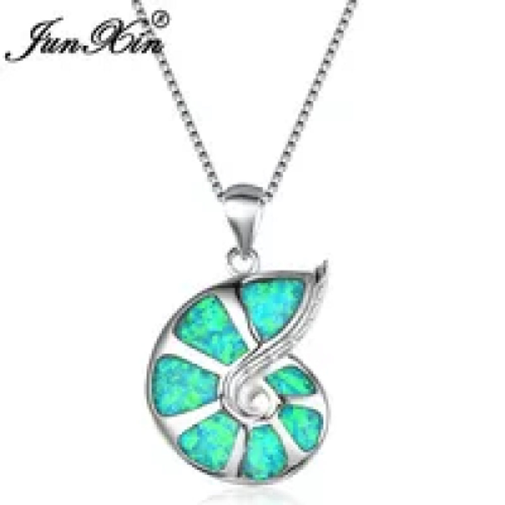Sterling Silver Green Simulated Opal Conch Pendant Necklace